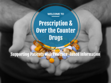 A picture of two hands in black and white holding a variety of pills in color, with the course title overlaid