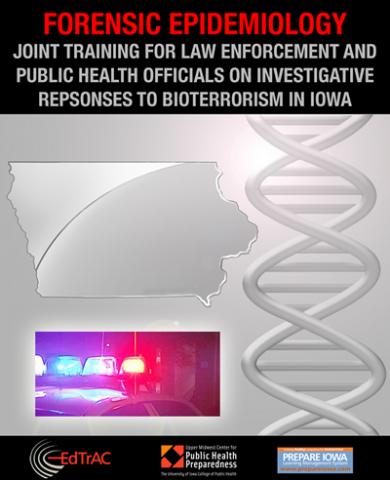 Collage of DNA strand, outline map of state of Iowa, and law enforcement vehicle lights shining at nighttime.