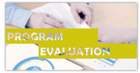 Program Evaluation title overlaying a pair of hands working on a variety of charts and graphs.