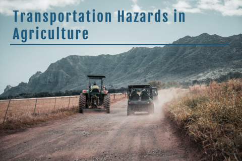 A tractor and two ATVs driving away down a rural dirt road with mountains in the background, and the course title superimposed